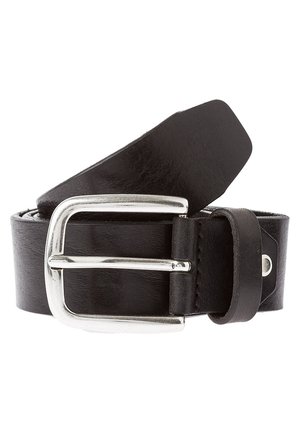 Czarny skórzany pasek o matowym wykończeniu, z błyszczącą, srebrną metalową klamrą i otworem do regulacji. Gładka tekstura, prosty design.