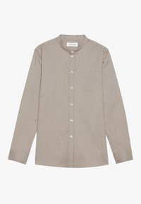 Dlhý rukáv, button-up košeľa v svetlohnedej farbe so tenkými vertikálnymi prúžkami. Má bezgolierový dizajn a jednu náprsné vrecko.