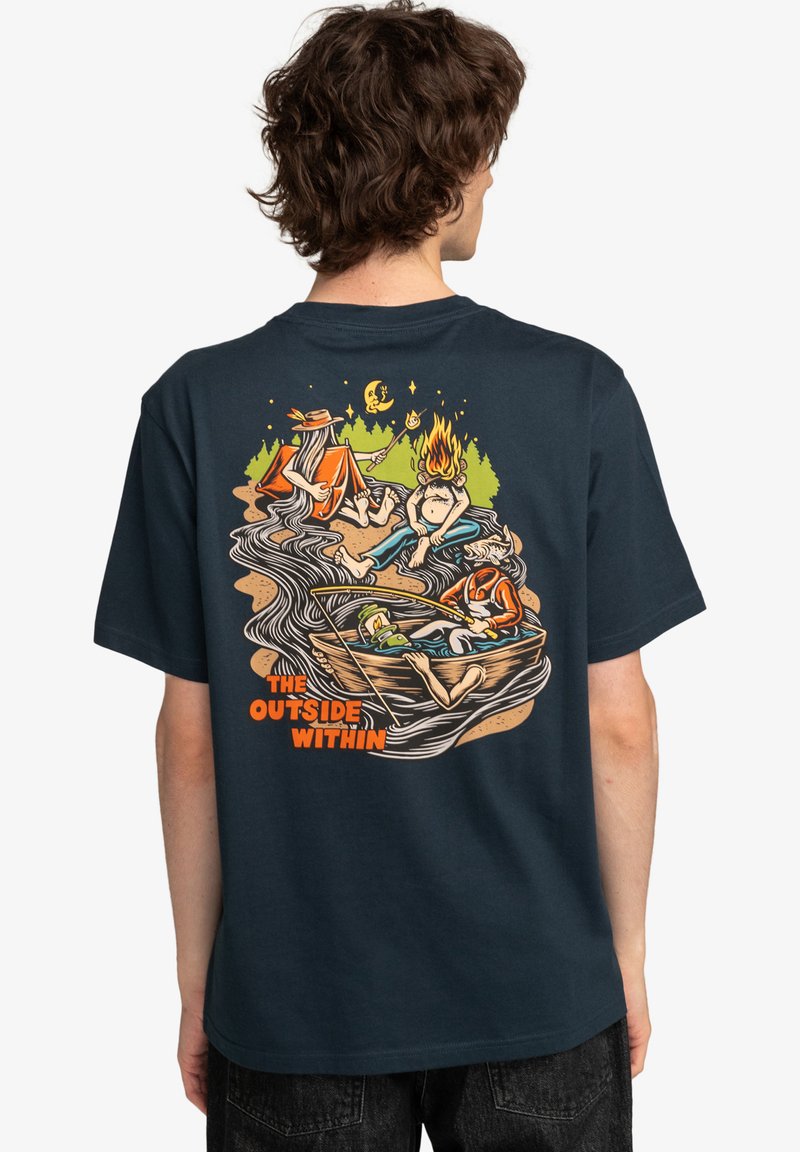 Navy blue cotton t-shirt featuring a colorful graphic on the back, depicting people in a boat surrounded by trees, fire, and mountains.