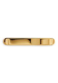 Guldfärgad slipsklämma med en slät, rundad design. Har en glänsande, reflekterande yta och en strömlinjeformad, minimalistisk form.