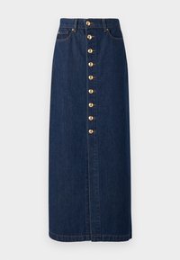 Τζιν midi φούστα σε σκούρο μπλε με ίσια γραμμή, με κλείσιμο με κουμπιά μπροστά και χρυσούς κουμπιά κατά μήκος της μέσης.