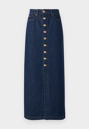 Tummansiniset denim-mittahame, suora leikkaus, edessä napitus ja kullanväriset napit keskellä.