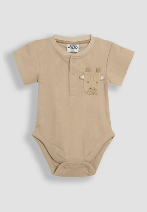 Tutina corta a maniche corte di colore marrone chiaro con una chiusura a bottoni e un design a righe texturizzate. Presenta un dettaglio di tasca a forma di faccia di mucca con orecchie.