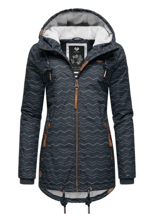 Veste zippée marine avec un motif en zigzag, doublure en fausse fourrure, capuche ajustable et accents en bois. Comprend des poches latérales et un ourlet à cordon de serrage.