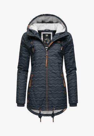 Navy zip-up jacket with a zigzag pattern, faux fur lining, adjustable hood, and wooden accents. Features side pockets and a drawstring hem.