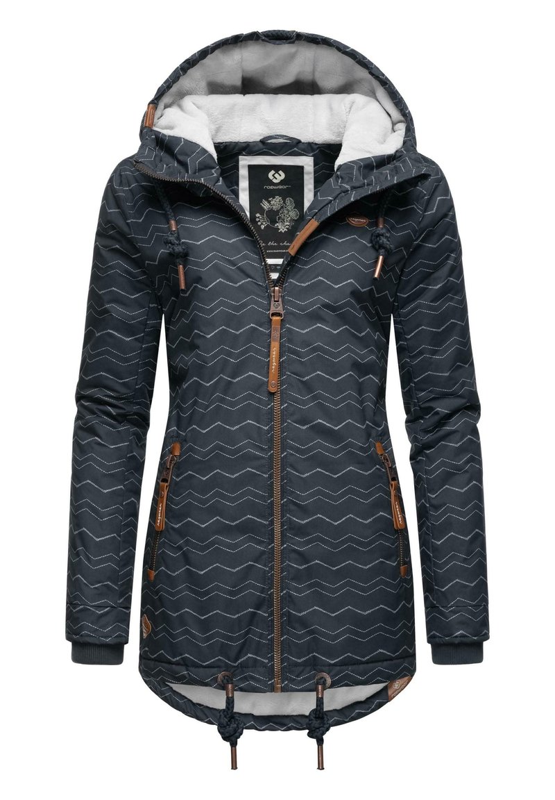 Giacca navy a zip con motivo zigzag, foderata in pelliccia sintetica, cappuccio regolabile e dettagli in legno. Presenta tasche laterali e orlo con coulisse.