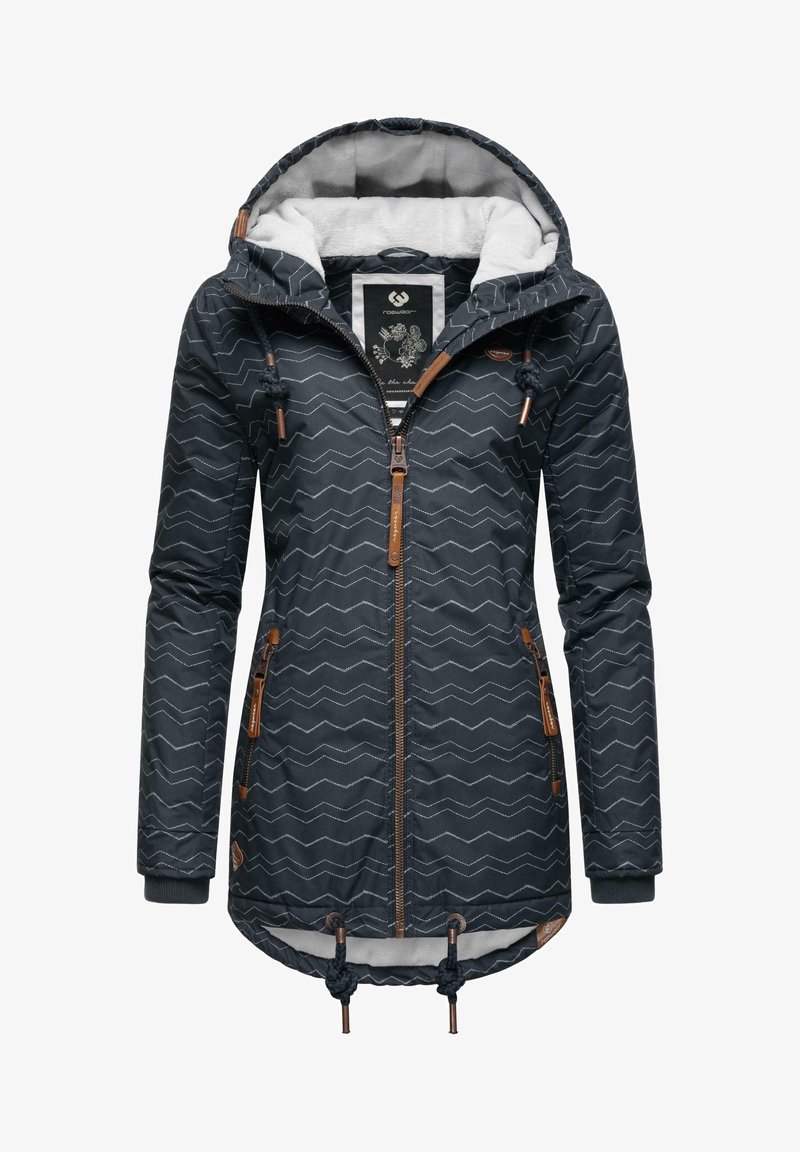 Navy zip-up jacket with a zigzag pattern, faux fur lining, adjustable hood, and wooden accents. Features side pockets and a drawstring hem.