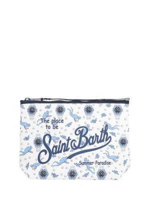 Piccola pochette bianca con cerniera blu, decorata con disegni di subacquei, orologi e testo che dice "The place to be Saint Barth Summer Paradise."