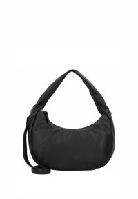 Borsa a tracolla in pelle nera con design curvo, superficie testurizzata, doppi manici e un sottile marchio sulla parte frontale.