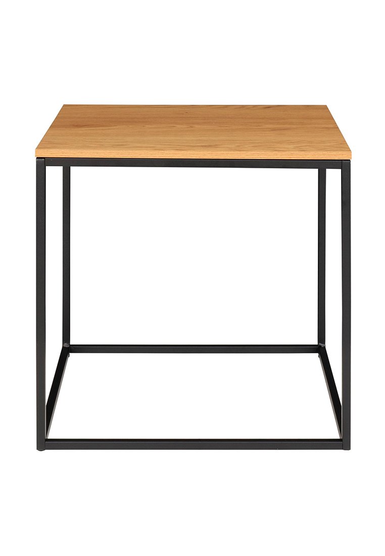 Quadratischer Tisch mit einer Oberfläche aus unbehandeltem Holz und einem schwarzen Metallrahmen. Verfügt über klare Linien und ein offenes Basisdesign für einen modernen Look.