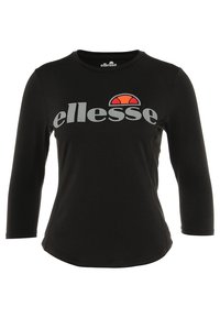 Czarny T-shirt z długim rękawem wykonany z miękkiego materiału, z okrągłym dekoltem. Duże szare logo "ellesse" z pomarańczowymi akcentami powyżej.