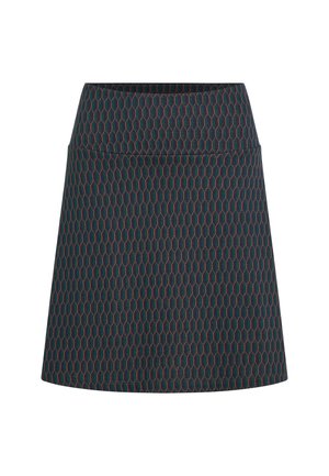 Ashort A-line skirt in dark fabric featuring a hexagonal pattern in green and red. It has a smooth texture and a flat waistband.