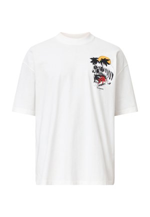 White cotton t-shirt featuring a graphic print of a skull with palm trees and a sun. Short sleeves and a relaxed fit.
