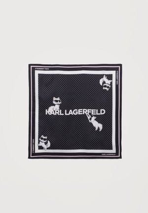Foulard carré noir à pois blancs, chats blancs dessin animé portant des lunettes de soleil et texte « Karl Lagerfeld » au centre et aux coins.