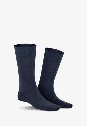 Dunkelblaue Baumwollsocken mit einem gerippten Bund, mittellanger Höhe bis zur Wade und glatter Textur. Sie weisen ein klassisches Design ohne sichtbare Muster auf.