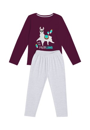 Set pigiama con maglia a maniche lunghe viola e pantaloni bianchi, con una stampa di un lama che indossa occhiali da sole e la scritta "not my PROBLAMA" sulla maglia.