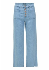 Svijetloplave široke traperice s visokim strukom, pet dugmadi na zatvaranju i dva prednja džepa, s laganim habanjem na rubovima.