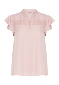 Helles rosa Bluse mit kurzen, rüschengeschnittenen Ärmeln. Mit V-Ausschnitt und dekorativen Spitzenakzenten an der Brust. Glatte Textur.