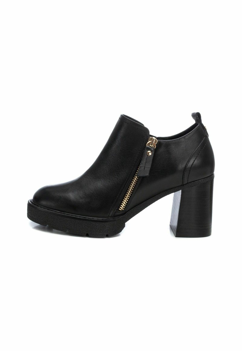 Botas de tobillo de cuero negro con tacón grueso, detalle de cremallera lateral, suela texturizada y acabado suave. Cuenta con una lengüeta en la parte posterior.