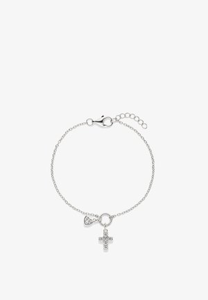 Delicato braccialetto a catena in argento con chiusura a moschettone, caratterizzato da un piccolo ciondolo a forma di cuore e una croce decorata con pietre preziose trasparenti.