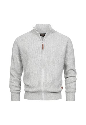 Grauer Reißverschluss-Pullover mit geripptem Muster, Stehkragen und Lederzipper; taillierte Taille und Bündchen für eine strukturierte Silhouette.