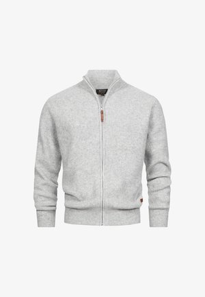 Gray zip-up sweater with ribbed texture, standing collar, and leather zipper pull; fitted waist and cuffs for a structured silhouette.