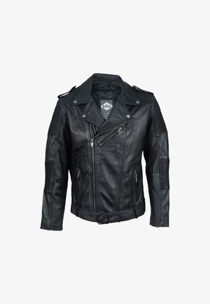 Zwarte leren motorjack met gewatteerde details op de schouders, meerdere ritsen, een brede riem aan de voorkant en een ingezette kraag. Soepele textuur.