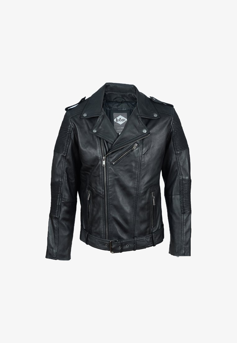 Černá kožená motocyklová bunda s polstrovanými detaily na ramenou, několika zipy, předním páskem a vyklápěcím límcem. Hladká textura.