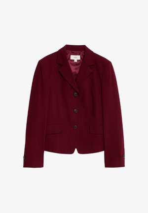 Burgundy skräddarsydd jacka med klackkrage, tre svarta knappar, två framfickor och knäppte ärmar; slät tyg med satinfoder.
