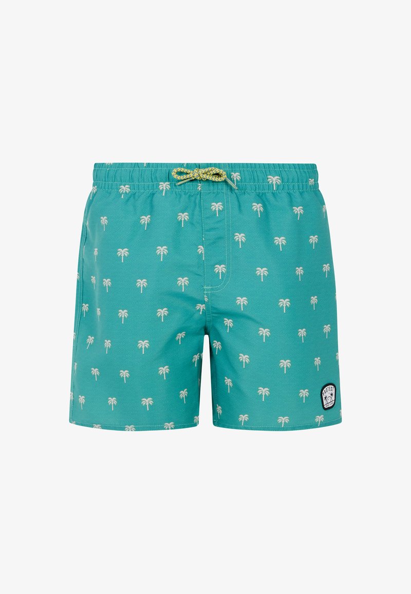 Turkio spalvos maudymosi šortai su baltais palmių medžių raštais, elastinga juosta ir geltona virvute. Šone yra juodas logotipo pleistras.