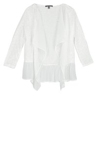 White, lightweight cardigan with a draped front, sheer panel, long sleeves, and a softly ruffled hem. Made from a textured fabric.
