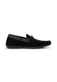 Zwarte suède boot schoenen met een ronde neus, leren accenten, metalen oogjes en een vetersluiting op de wreef. Zacht gestructureerd materiaal.