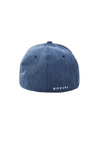 Blauwe denim pet met een ronde kroon, voorzien van een logo in het wit op de achterkant. Gemaakt van stof met een gestructureerde uitstraling.