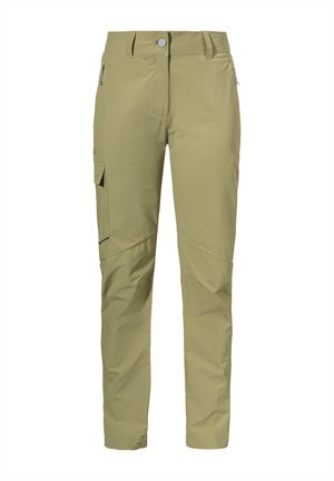Helle olivgrüne Cargo-Hosen mit schmaler Passform, aus leichtem Stoff gefertigt, mit Knopfverschluss und Seitentaschen.