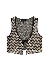 Gilet court noir et beige avec un motif en chevron, fabriqué en tissu en maille, présentant un décolleté en V profond et une fermeture à lacer à l'avant.
