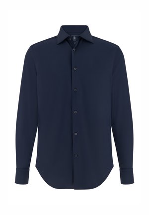 Marineblaues Langarmhemd mit breitem Kragen, durchgehender Knopfleiste und Manschetten mit jeweils einem Knopf. Glatter Stoff mit regulärer Passform.