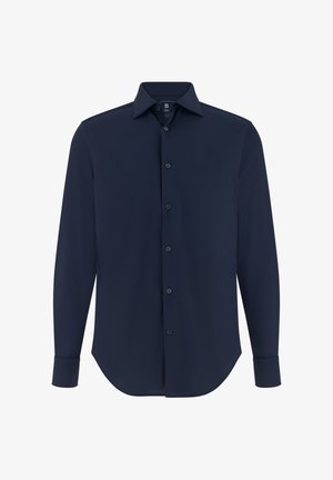 Marineblaues Langarmhemd mit breitem Kragen, durchgehender Knopfleiste und Manschetten mit jeweils einem Knopf. Glatter Stoff mit regulärer Passform.