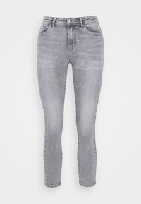 Jeans skinny de mezclilla gris con un diseño clásico de cinco bolsillos. Presentan una cremallera, pasadores para cinturón y una sutil textura desgastada.
