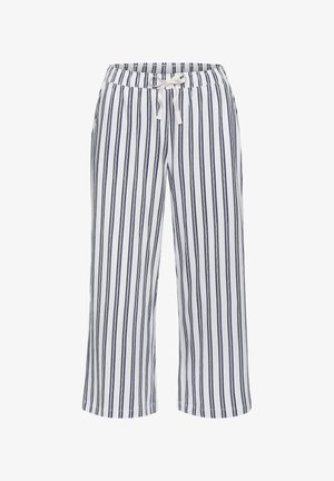White striped pants with navy vertical lines, elastic waistband, and drawstring. Smooth texture, wide leg design, cropped length.