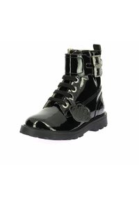 Bottes chelsea en cuir verni noir avec un bout arrondi, des lacets à l'avant, des boucles sur les côtés et une semelle en caoutchouc texturée. Présente un accent logo.