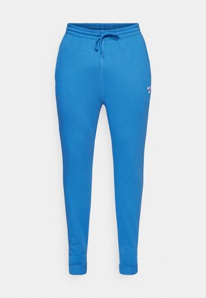 Blue sweatpants made of soft, stretchy fabric. Features an elastic waistband with drawstring, and fitted cuffs at the ankles.