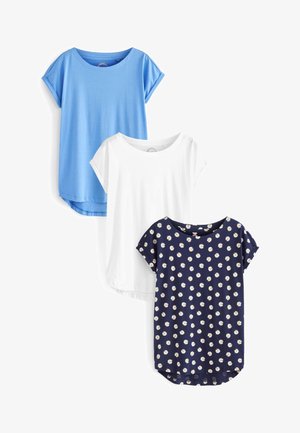 Three short-sleeve t-shirts: one blue, one white, one navy with white floral pattern. Soft fabric, rounded hems, and relaxed fit.