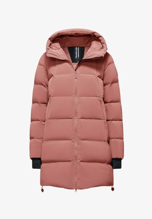 Puffer jacket in soft pink with a zip closure, hood, and black cuffs. It features a quilted design and drawstring hems for adjustability.