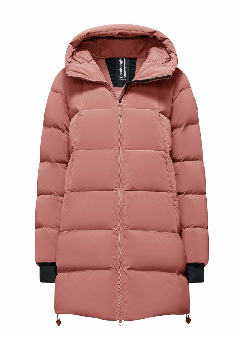 Kurtka puchowa w delikatnym różowym kolorze, z zapięciem na zamek, kapturem i czarnymi mankietami. Posiada pikowaną strukturę oraz sznurki w dolnej części do regulacji.