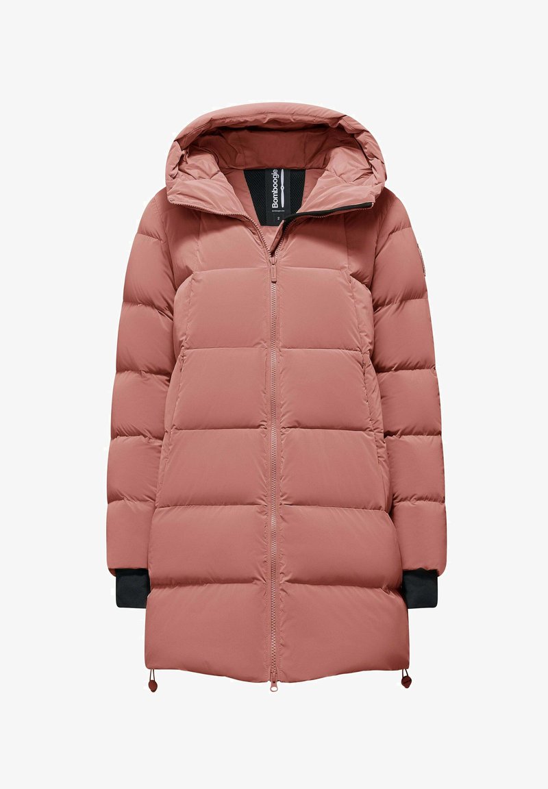 Kurtka puchowa w delikatnym różowym kolorze, z zapięciem na zamek, kapturem i czarnymi mankietami. Posiada pikowaną strukturę oraz sznurki w dolnej części do regulacji.