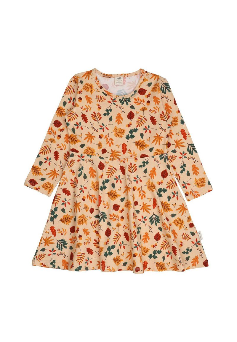 Langarmkleid mit orangefarbenen, roten und grünen Blättern auf einem hellbeigen Hintergrund. Aus weicher Baumwolle gefertigt, mit einem ausgestellten Rock.