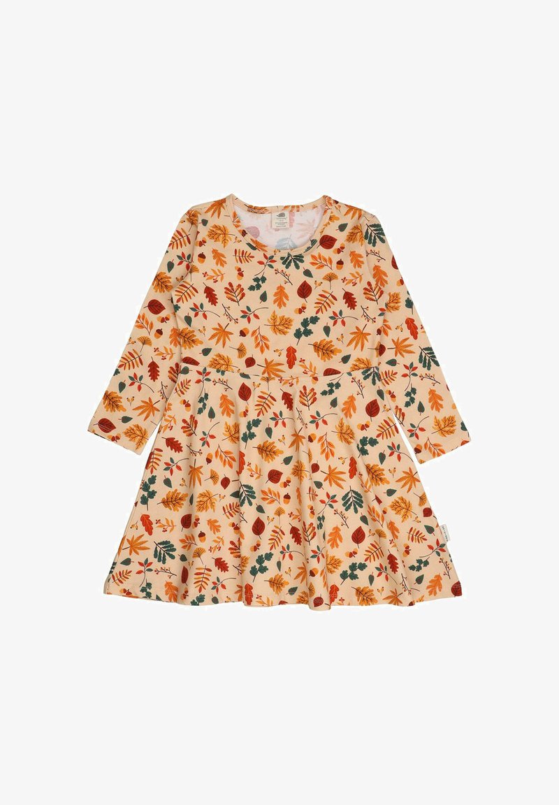 Langarmkleid mit orangefarbenen, roten und grünen Blättern auf einem hellbeigen Hintergrund. Aus weicher Baumwolle gefertigt, mit einem ausgestellten Rock.