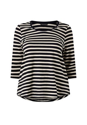 Top a maniche lunghe con righe orizzontali in bianco e nero, scollo tondo e orlo leggermente curvo.