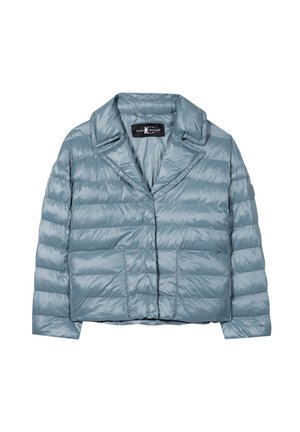 Puffermantel in Hellblau, mit einem breiten Kragen, gestepptem Design und zwei Fronttaschen. Glänzendes Material mit modernem Schnitt.