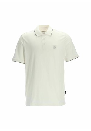 Witte polo met korte mouwen, voorzien van een contrasterende donkere bies op de kraag en mouwen, en een klein logo op de linkerborst.